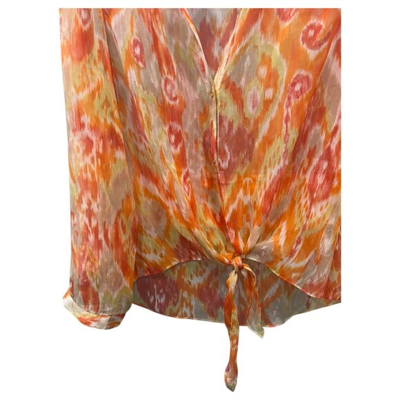 Chico’s Orange Sheer Tie-Front Blouse | Size M Embellished Button-Up Top - Picture 14 of 16
